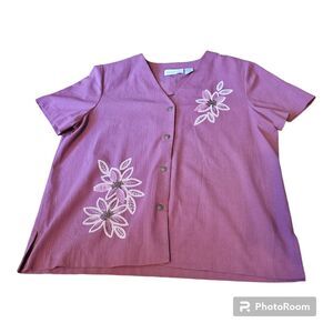 Alfred Dunner Size 18 Purple Embroidered Short Sleeve Button Up V-Neck Blouse